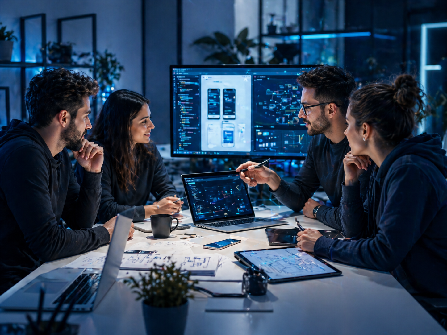 Equipo digital colaborando en estrategia, IA y desarrollo
